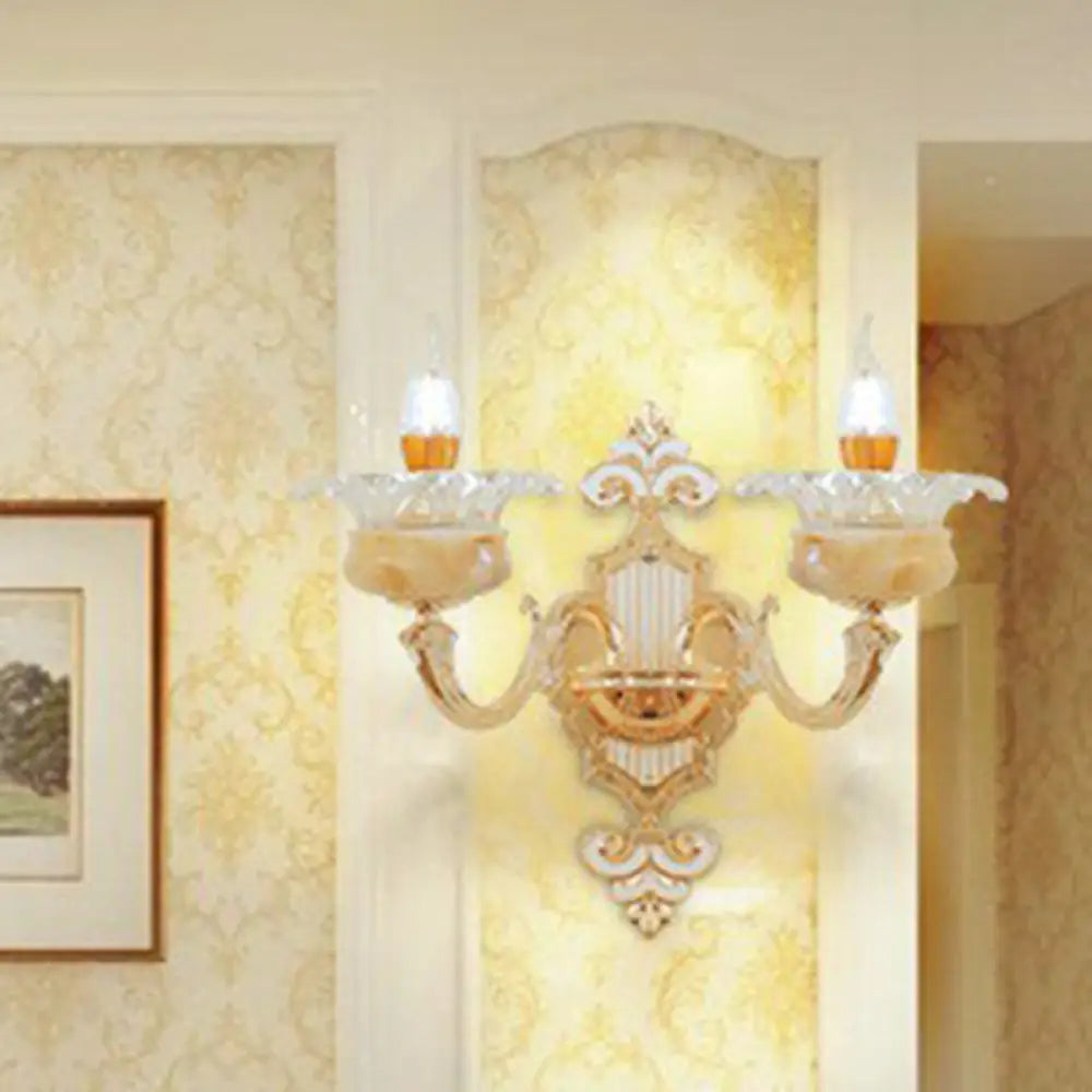 Classic Beige Candle Wall Sconce With Faux Jade Glass - Bedroom Lighting Fixture 2 / Sun