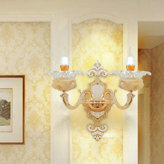 Classic Beige Candle Wall Sconce With Faux Jade Glass - Bedroom Lighting Fixture 2 / Sun