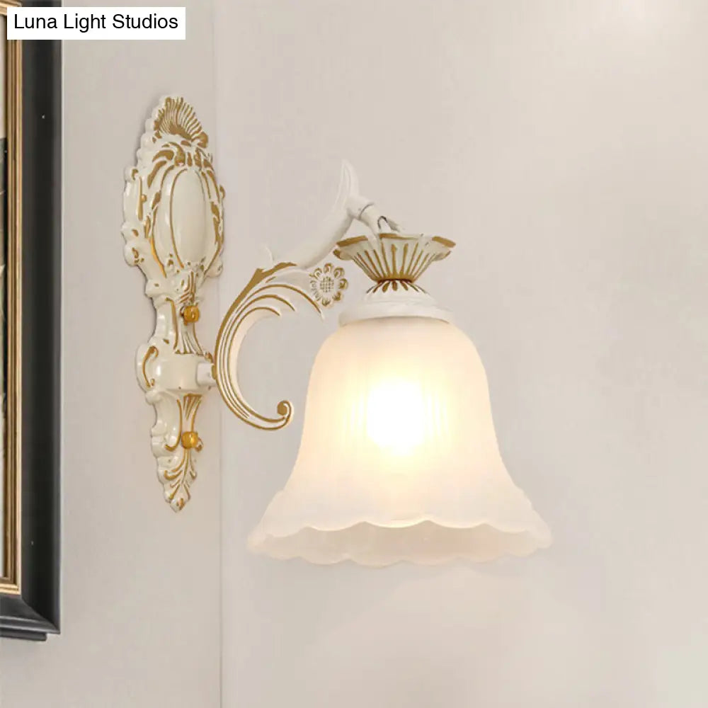 Classic Bell Sconce Light With Carved Arm - White Glass 1/2-Bulb Wall Lighting For Bedroom