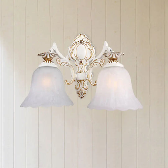 Classic Bell Sconce Light With Carved Arm - White Glass 1/2-Bulb Wall Lighting For Bedroom 2 /