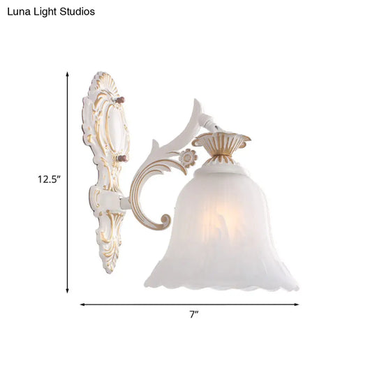 Classic Bell Sconce Light With Carved Arm - White Glass 1/2-Bulb Wall Lighting For Bedroom