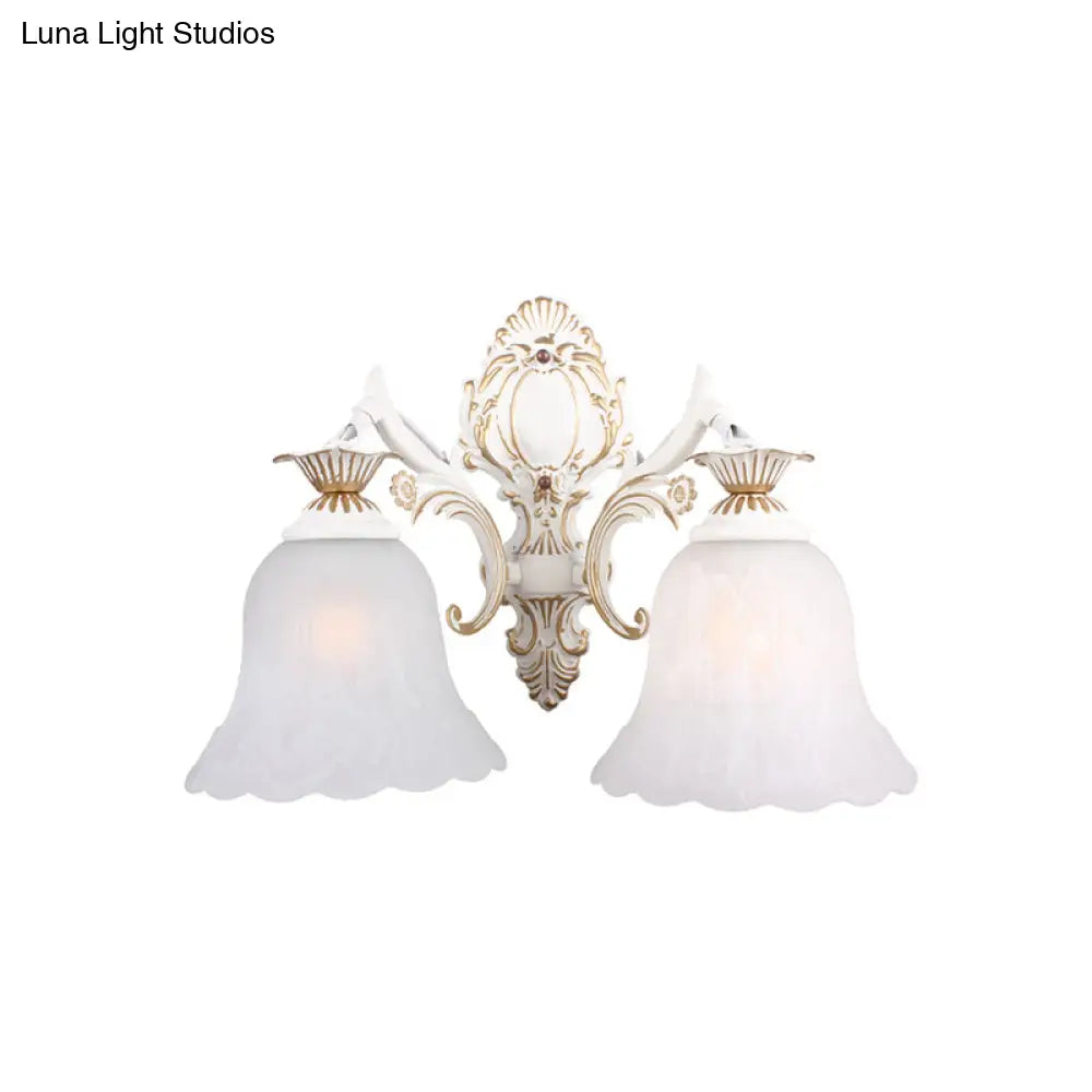 Classic Bell Sconce Light With Carved Arm - White Glass 1/2-Bulb Wall Lighting For Bedroom