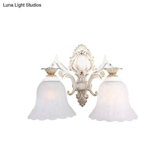 Classic Bell Sconce Light With Carved Arm - White Glass 1/2-Bulb Wall Lighting For Bedroom