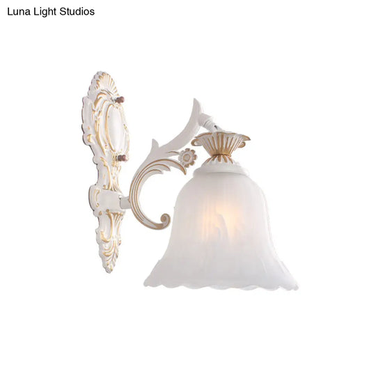 Classic Bell Sconce Light With Carved Arm - White Glass 1/2-Bulb Wall Lighting For Bedroom