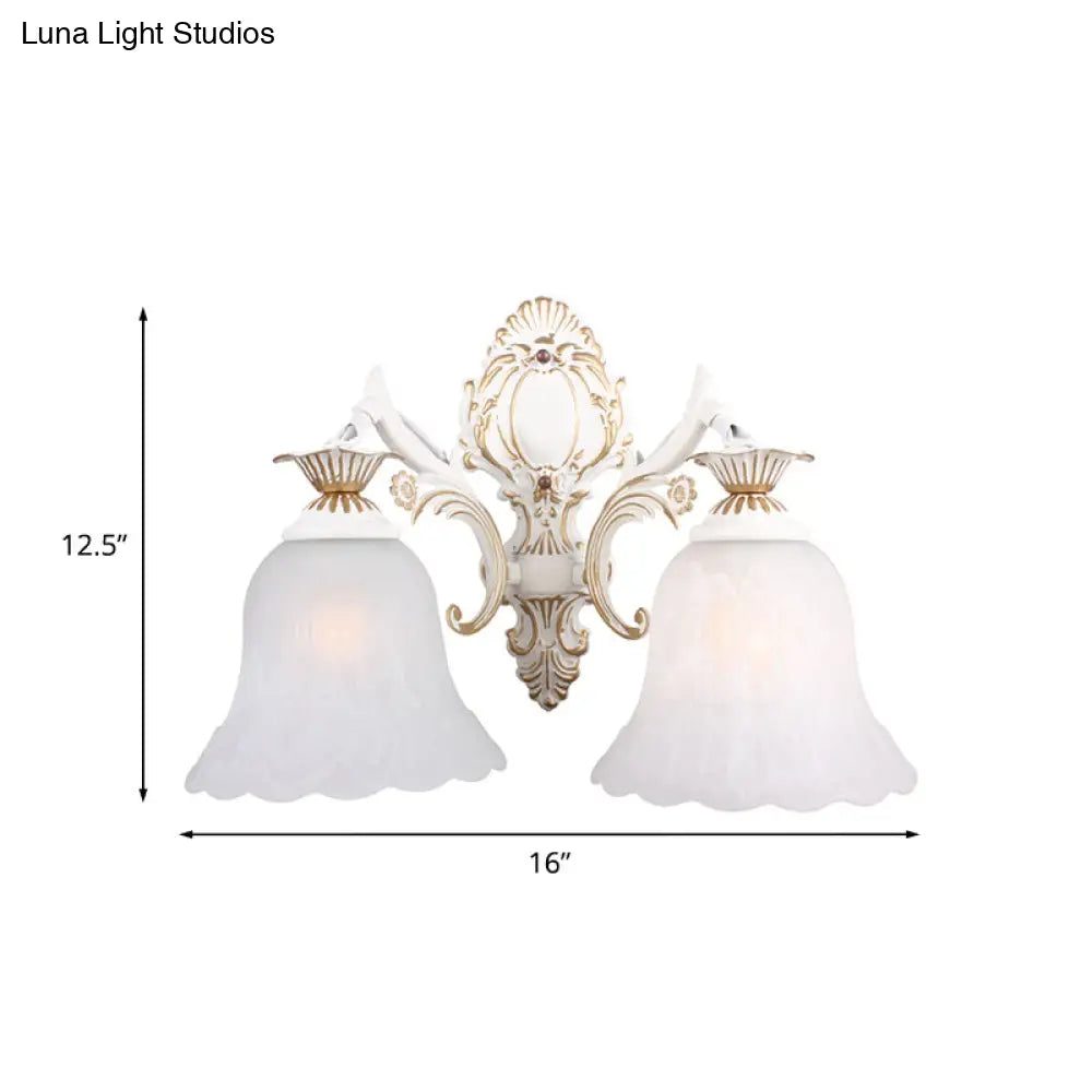 Classic Bell Sconce Light With Carved Arm - White Glass 1/2-Bulb Wall Lighting For Bedroom