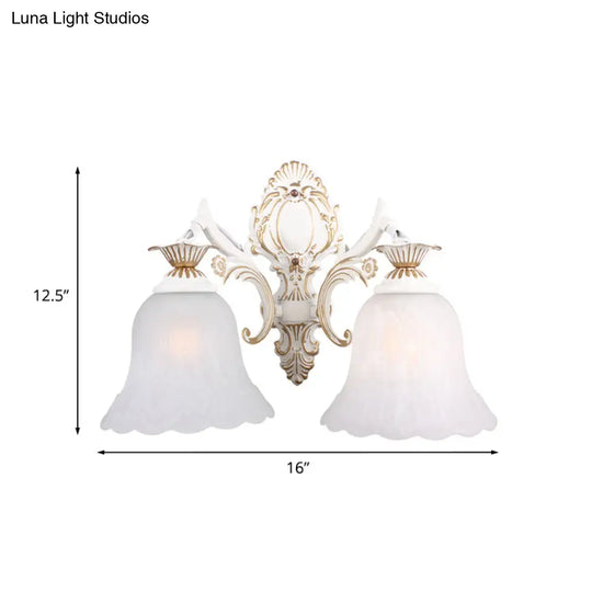 Classic Bell Sconce Light With Carved Arm - White Glass 1/2-Bulb Wall Lighting For Bedroom