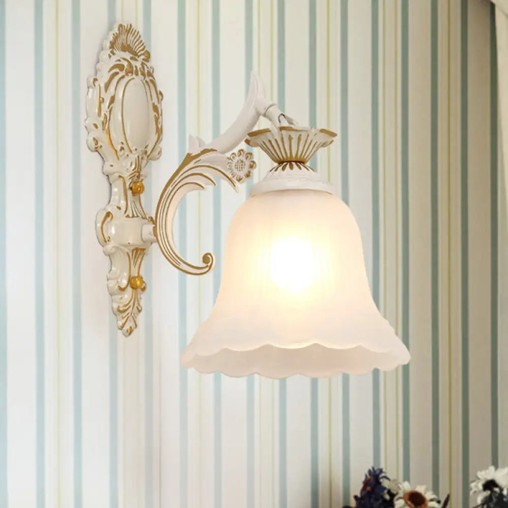 Classic Bell Sconce Light With Carved Arm - White Glass 1/2-Bulb Wall Lighting For Bedroom 1 /