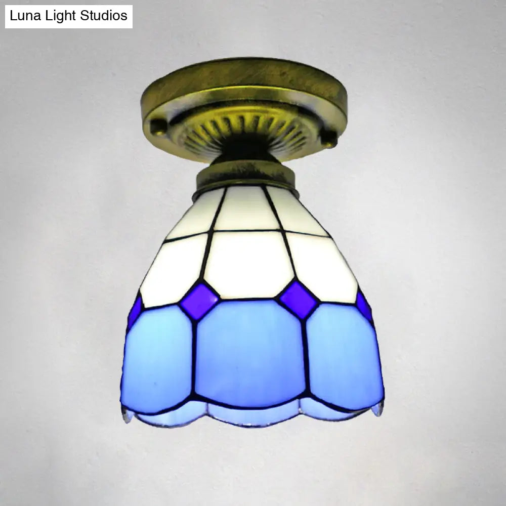Classic Bell Shade Glass Semi Flush Ceiling Light - 1 Head Mount Blue / 6