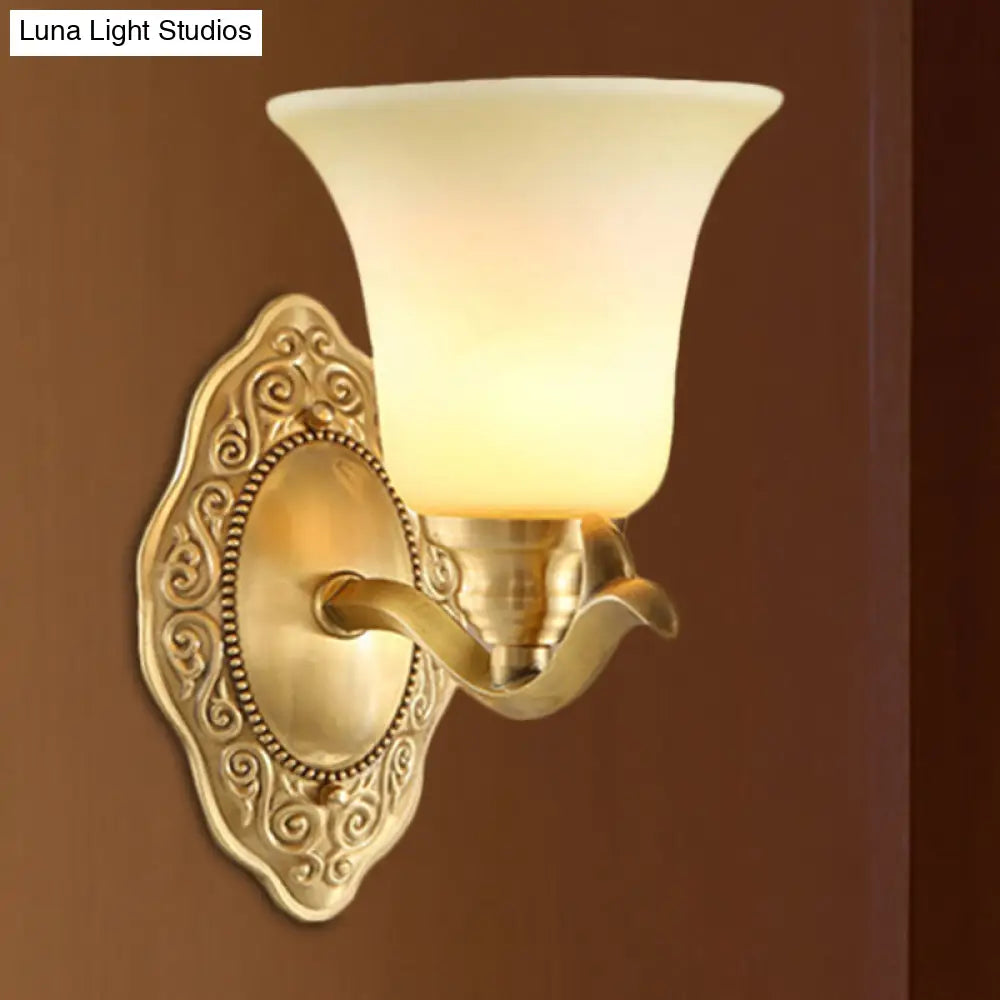 Classic Bell Shade Wall Light Fixture With Frosted Glass Sconce Lamp And Metallic Arm