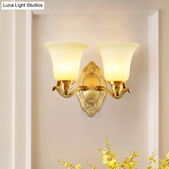 Classic Bell Shade Wall Light Fixture With Frosted Glass Sconce Lamp And Metallic Arm