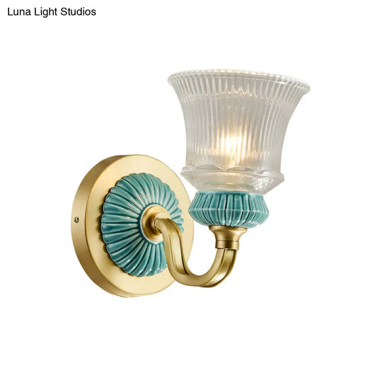 Classic Bell Wall Sconce Light In Gold With Clear Prismatic Glass For Bedroom