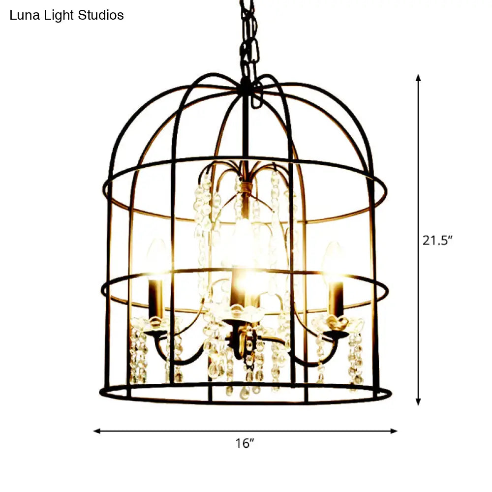 Classic Birdcage 4-Light Pendant Chandelier In Black With Crystal Draping