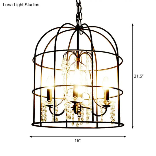 Classic Birdcage 4-Light Pendant Chandelier In Black With Crystal Draping