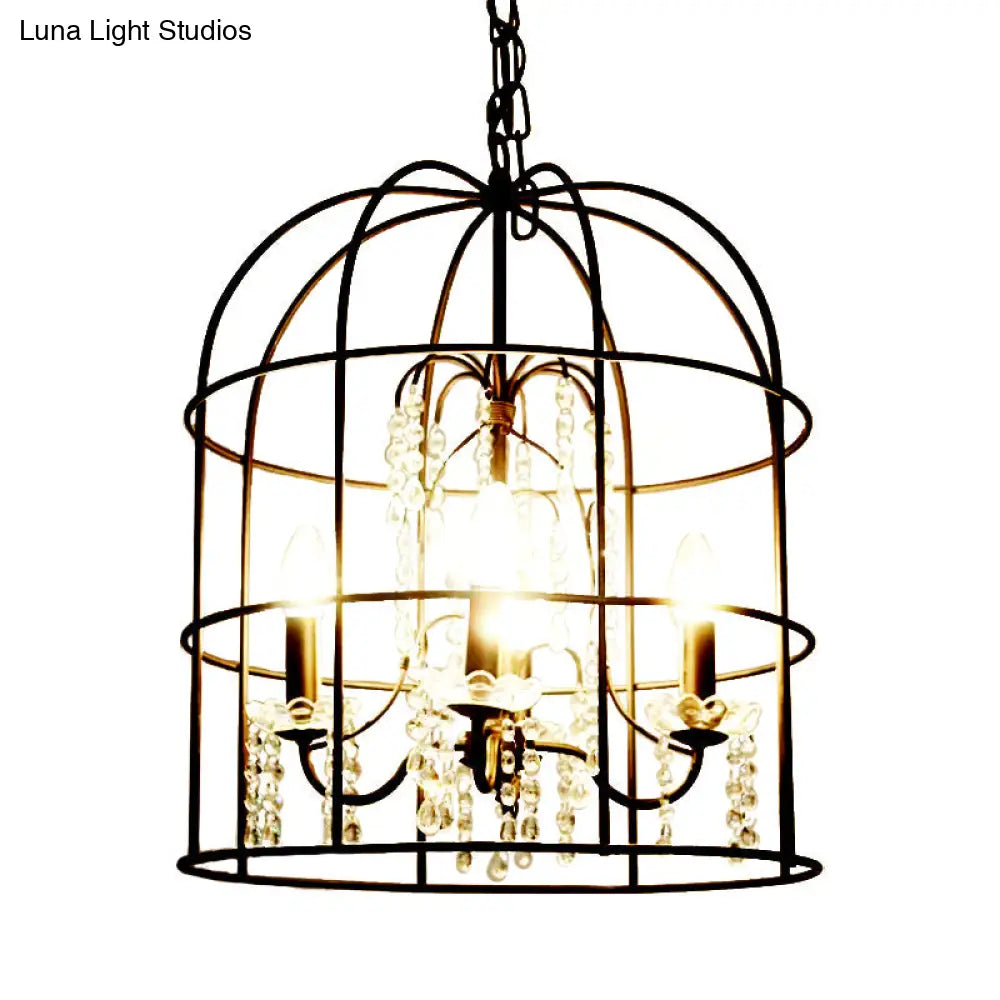 Classic Birdcage 4-Light Pendant Chandelier In Black With Crystal Draping