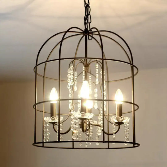 Classic Birdcage 4-Light Pendant Chandelier In Black With Crystal Draping