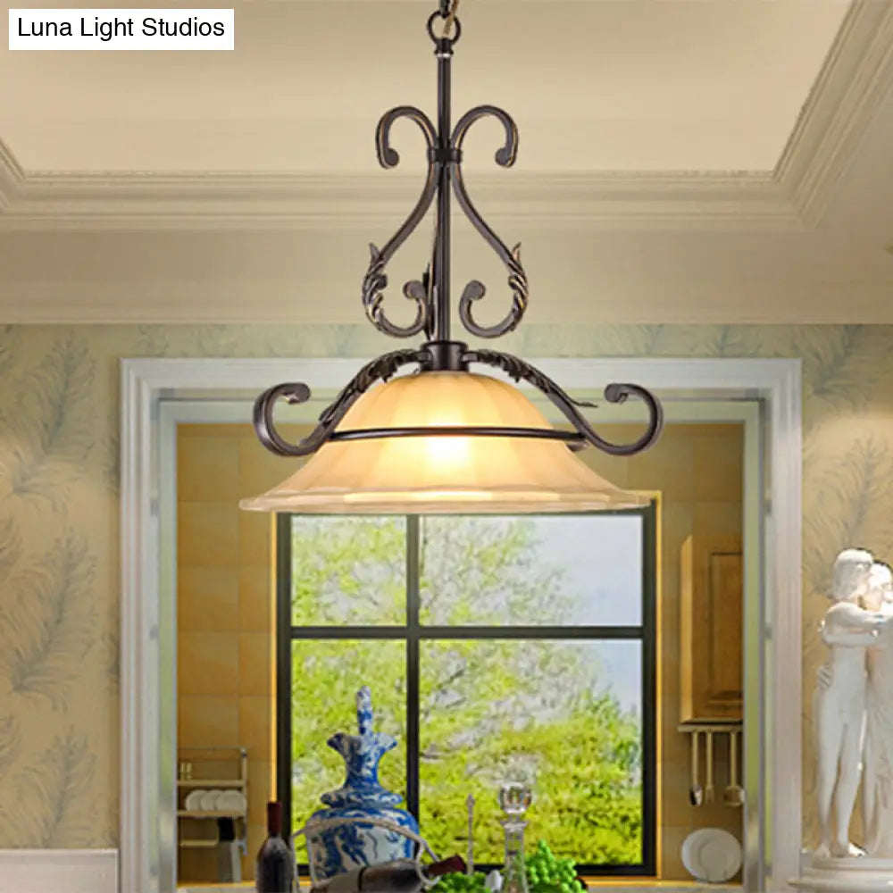 Classic Black 1-Light Pendant Ceiling Light With Flared White Glass Shade