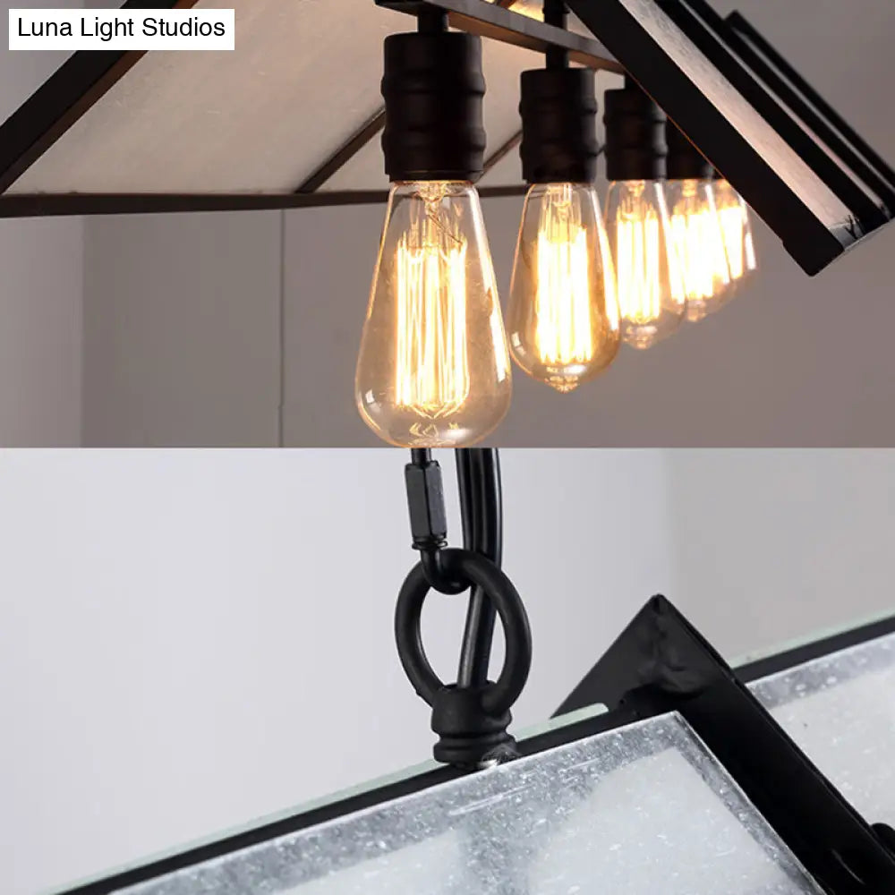 Classic Black Island Lamp - 3/5 Light Ceiling Hanging Fixture With Exposed Bulbs & Frosted Glass