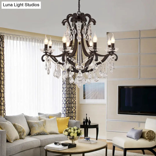 Classic Black Metal Chandelier With Crystal Accent - Elegant Living Room Pendant Light