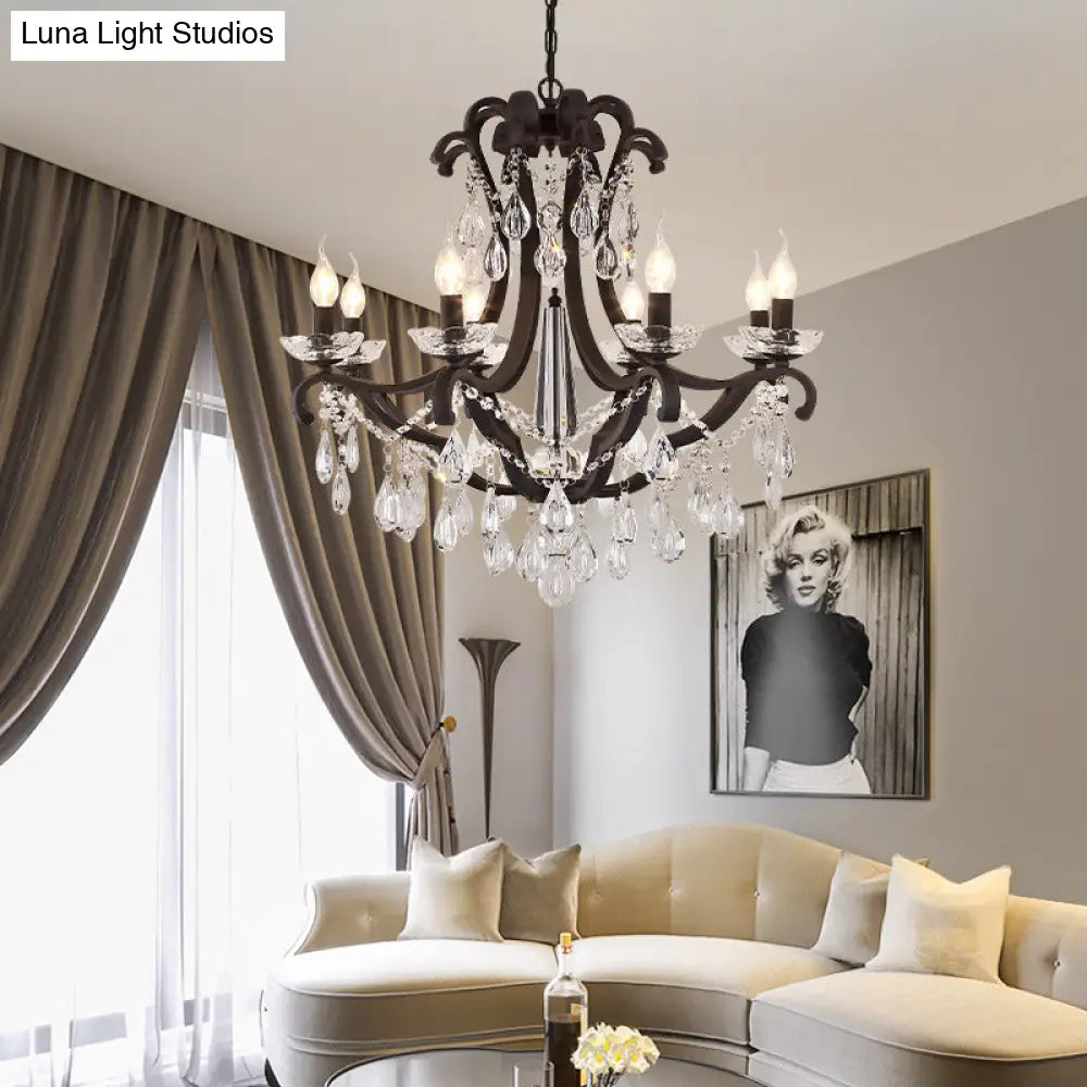 Classic Black Metal Chandelier With Crystal Accent - Elegant Living Room Pendant Light