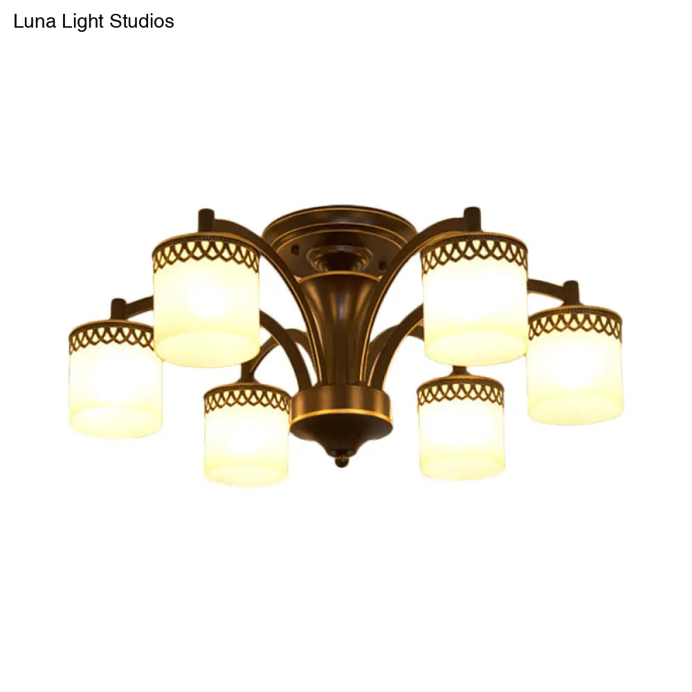 Classic Black Semi Mount Cylinder Ceiling Light Fixture With Twisted Arm - 3/6 Bulbs Tan Glass
