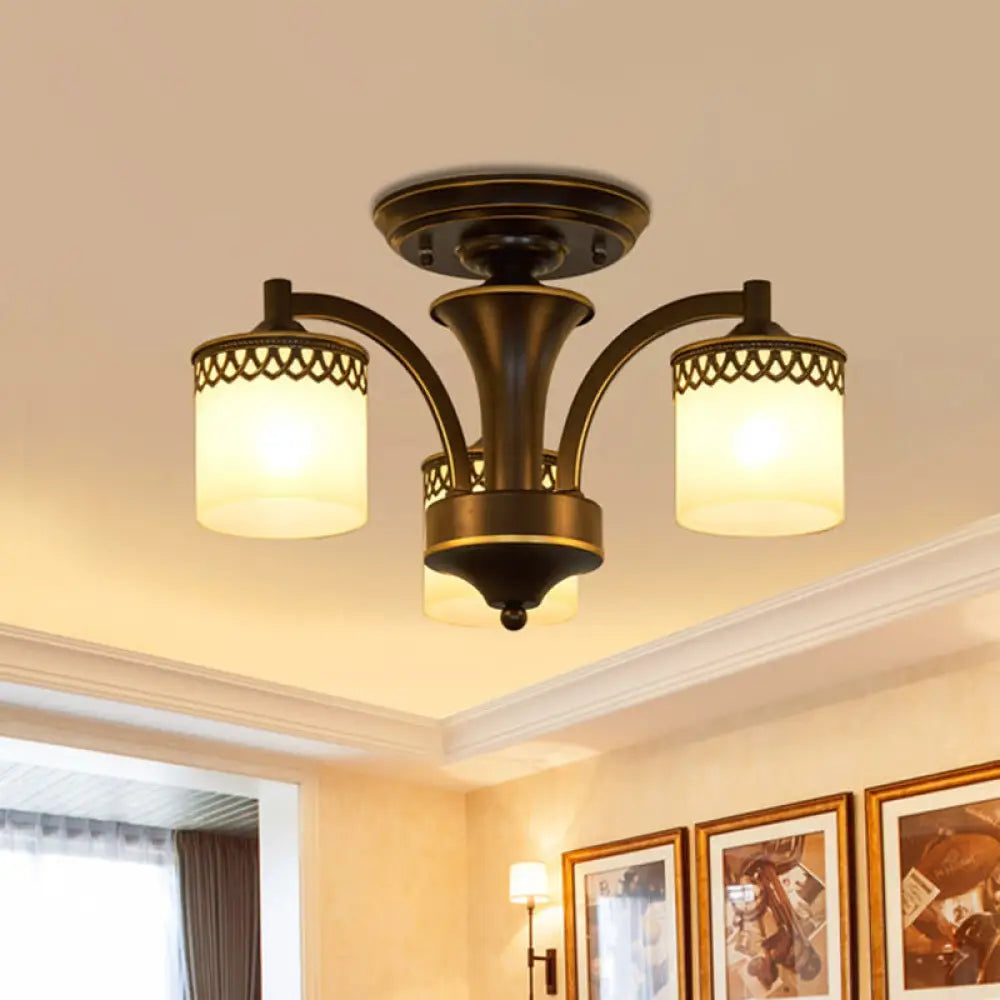 Classic Black Semi Mount Cylinder Ceiling Light Fixture With Twisted Arm - 3/6 Bulbs Tan Glass 3 /