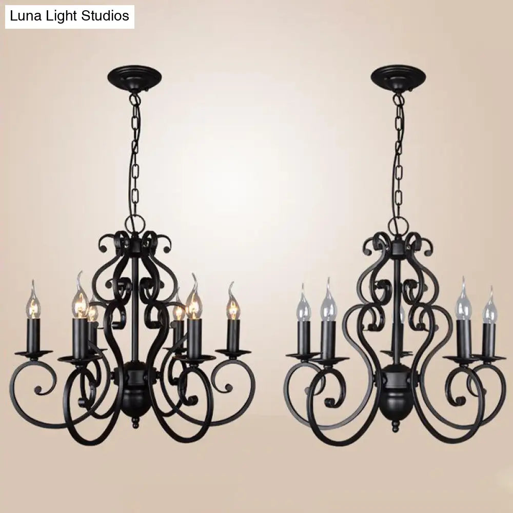 Classic Black Swirled Arm Pendant Chandelier 5/6 Lights Metal Fixture For Living Room Ceiling