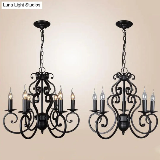 Classic Black Swirled Arm Pendant Chandelier 5/6 Lights Metal Fixture For Living Room Ceiling