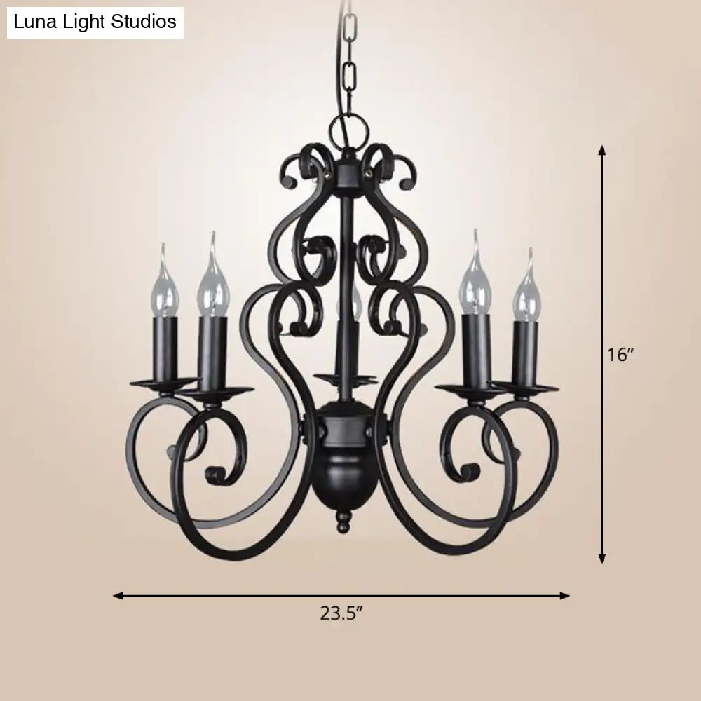 Classic Black Swirled Arm Pendant Chandelier 5/6 Lights Metal Fixture For Living Room Ceiling