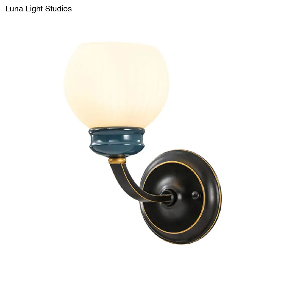 Classic Black Wall Light Fixture With White Ribbed Glass Globe - Elegant Lighting Solution