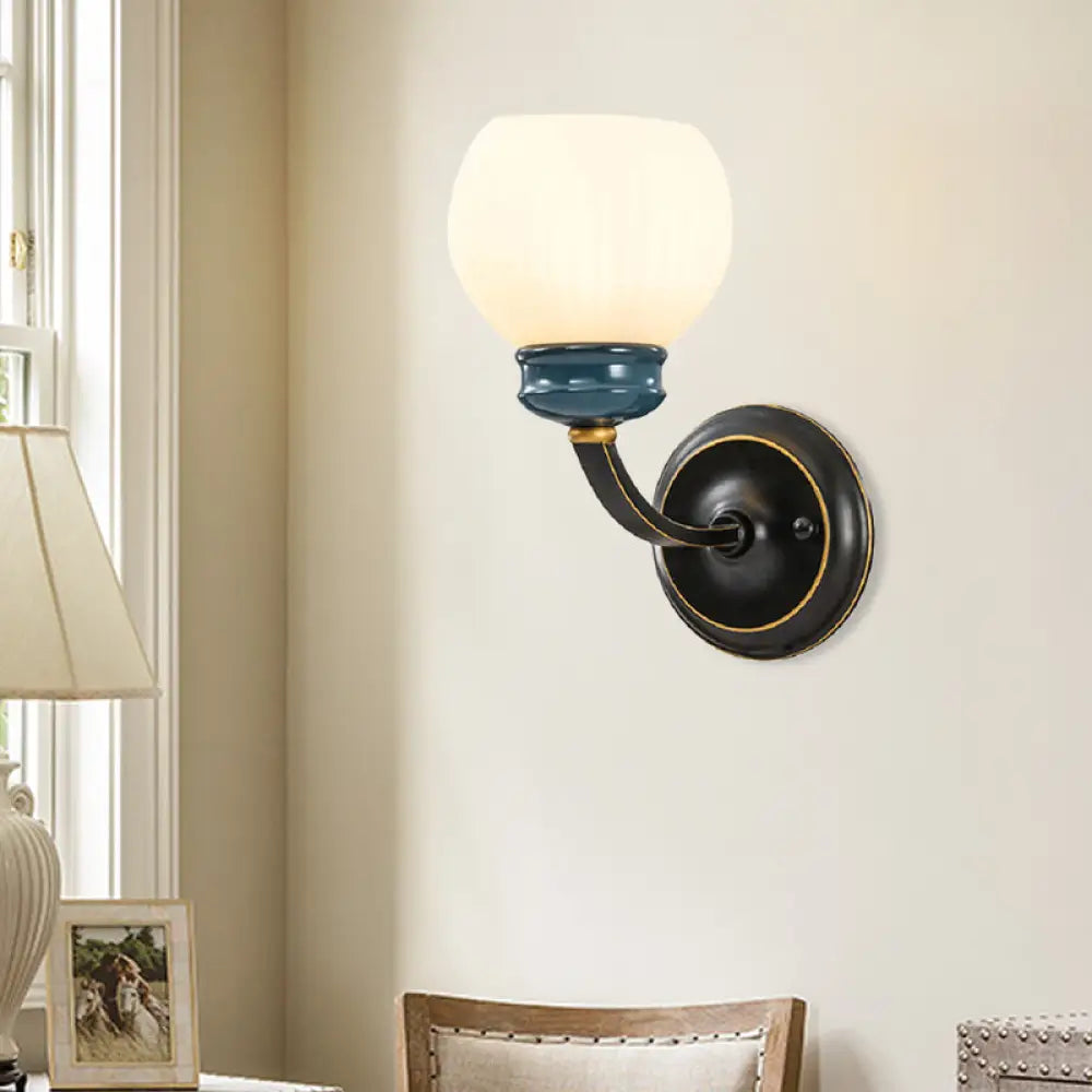 Classic Black Wall Light Fixture With White Ribbed Glass Globe - Elegant Lighting Solution