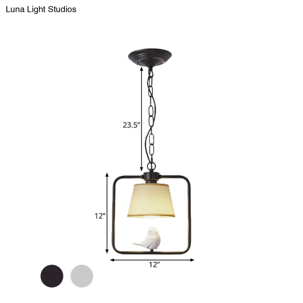 Classic Black/White Cone Ceiling Pendant Light - Ideal For Coffee Shop Décor Square Frame With Bird