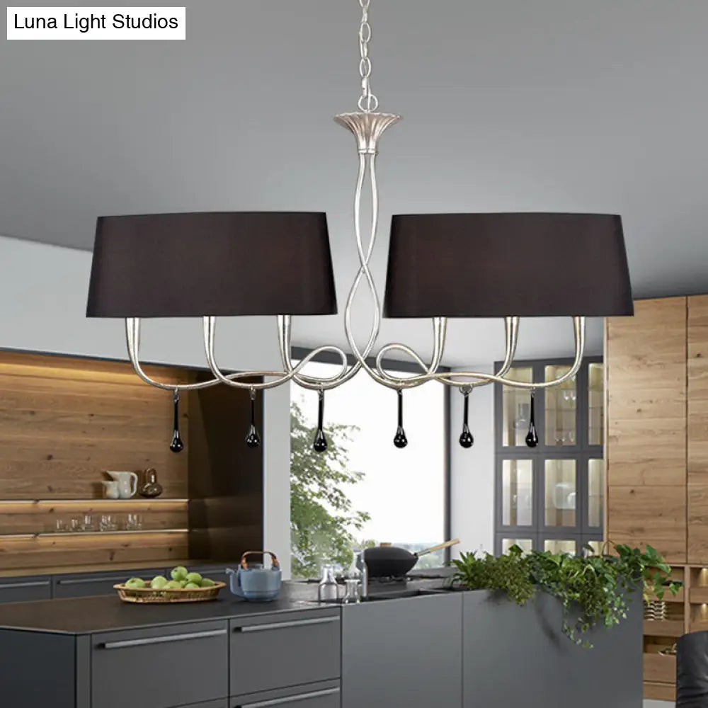 Classic Black/White Drum Fabric Island Ceiling Light With 6 Hanging Lights For Dining Room