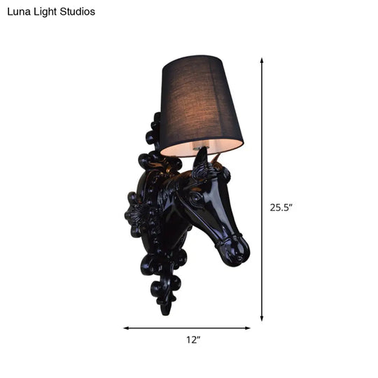 Classic Black/White Resin Wall Lamp With Cone Fabric Shade - 1 Bulb Horse Sconce