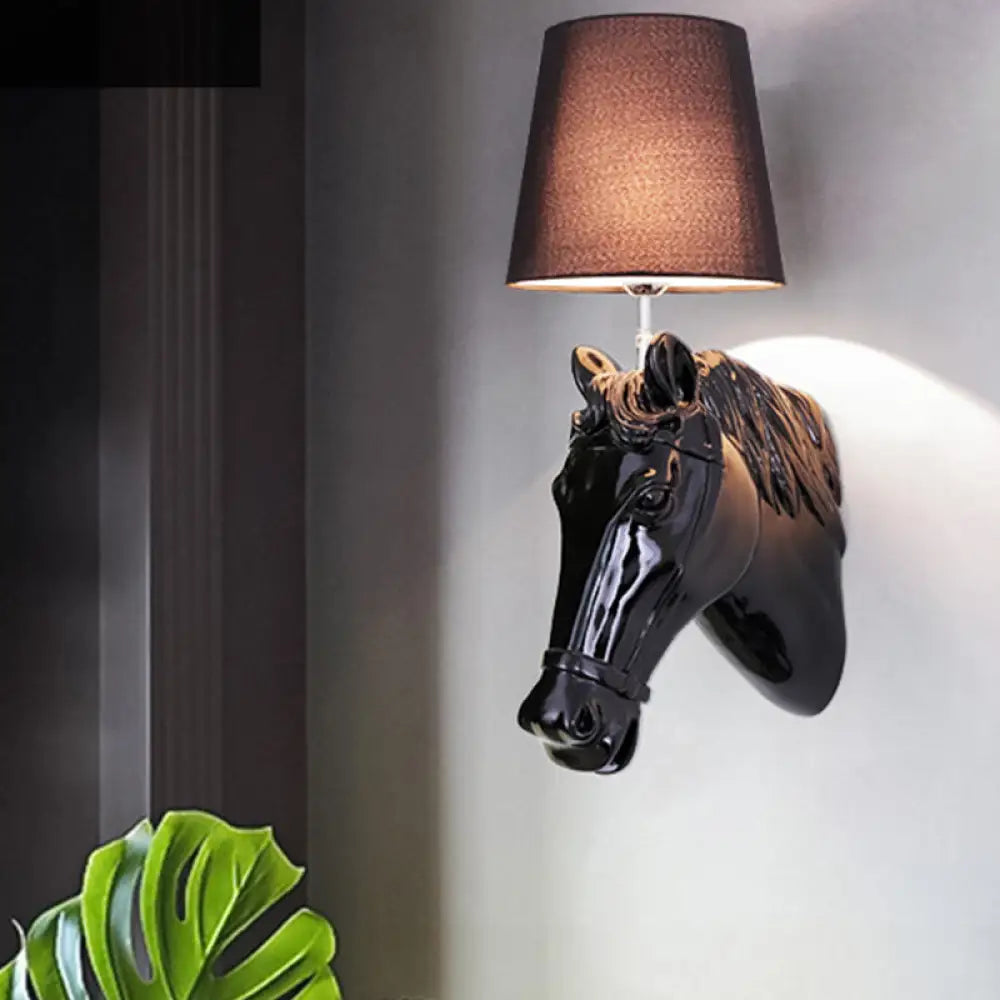 Classic Black/White Resin Wall Lamp With Cone Fabric Shade - 1 Bulb Horse Sconce Black