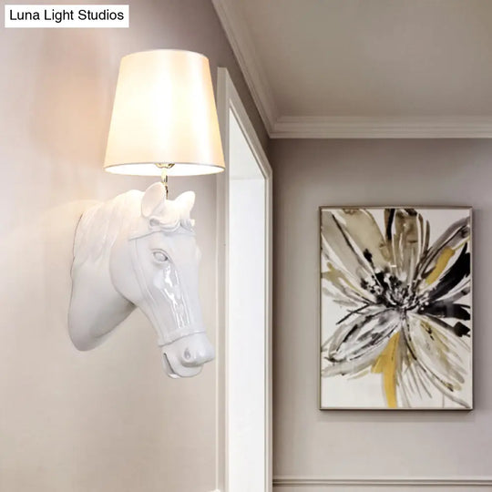 Classic Black/White Resin Wall Lamp With Cone Fabric Shade - 1 Bulb Horse Sconce