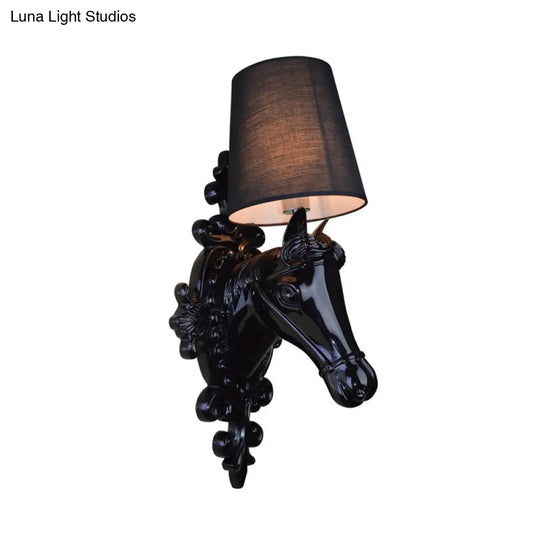 Classic Black/White Resin Wall Lamp With Cone Fabric Shade - 1 Bulb Horse Sconce