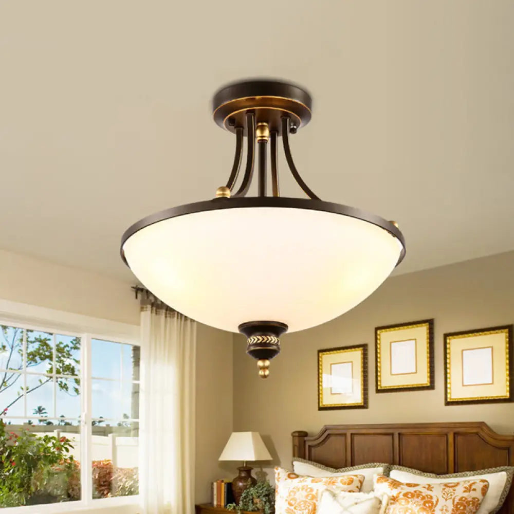 Classic Bowl Shade Semi Flush Light Fixture - 3 Bulbs Cream Glass Black Finish