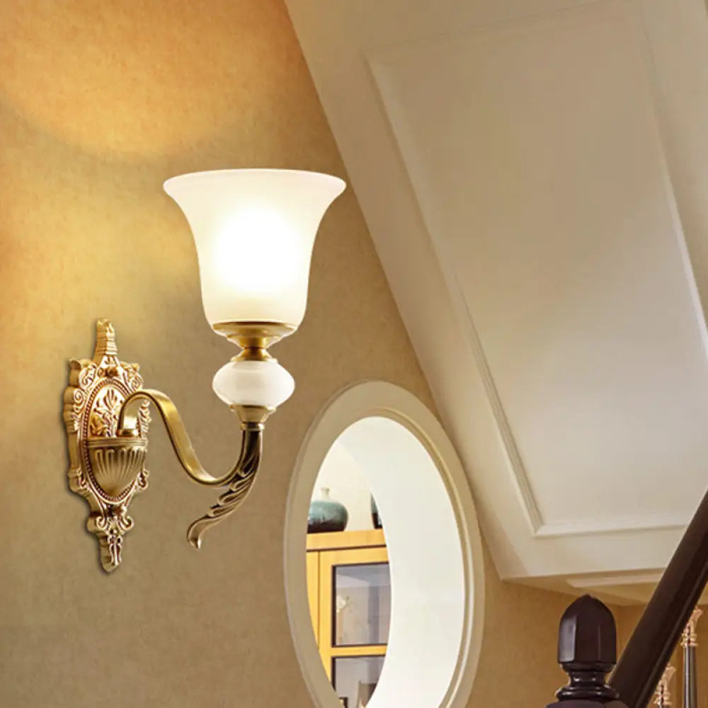 Classic Brass Bell Wall Light Fixture With Frosted Glass - Ideal For Stairways