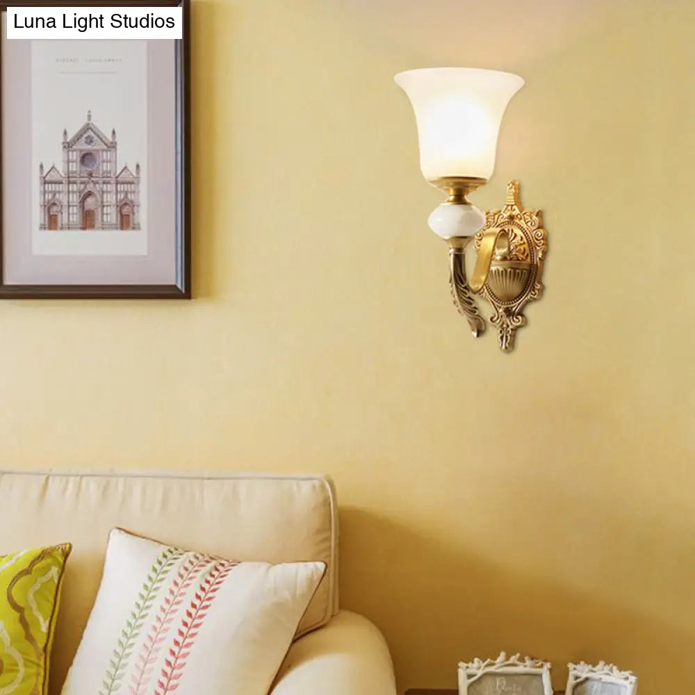 Classic Brass Bell Wall Light Fixture With Frosted Glass - Ideal For Stairways