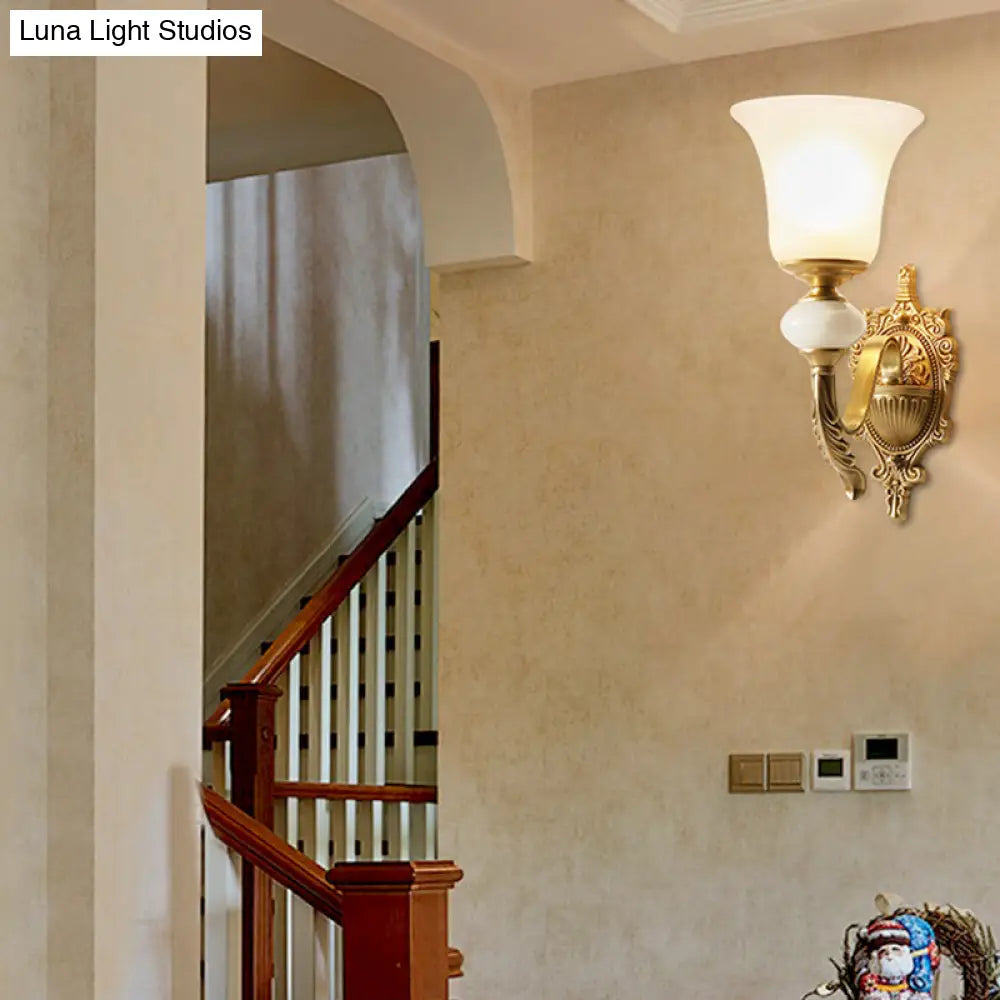 Classic Brass Bell Wall Light Fixture With Frosted Glass - Ideal For Stairways