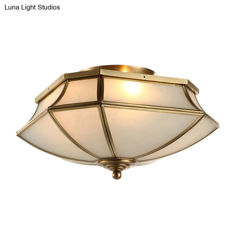 Classic Brass Beveled Ceiling Lamp With Opal Glass Shade - 3 - Light Flush Mount