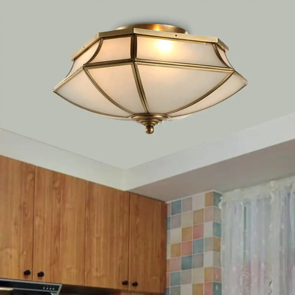 Classic Brass Beveled Ceiling Lamp With Opal Glass Shade - 3 - Light Flush Mount