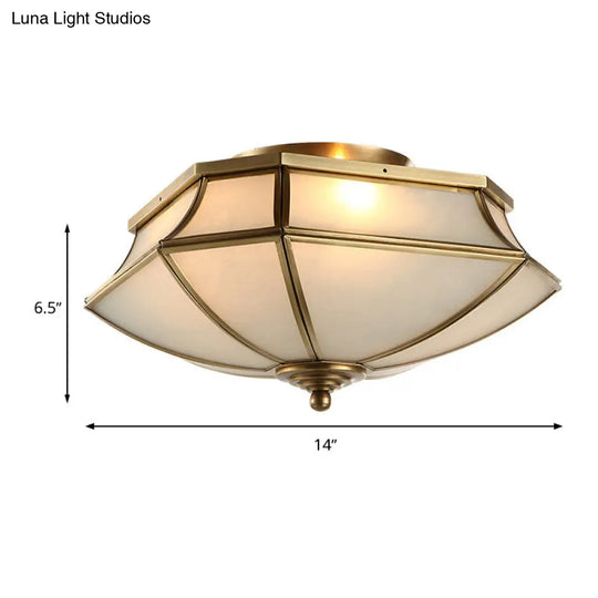 Classic Brass Beveled Ceiling Lamp With Opal Glass Shade - 3-Light Flush Mount