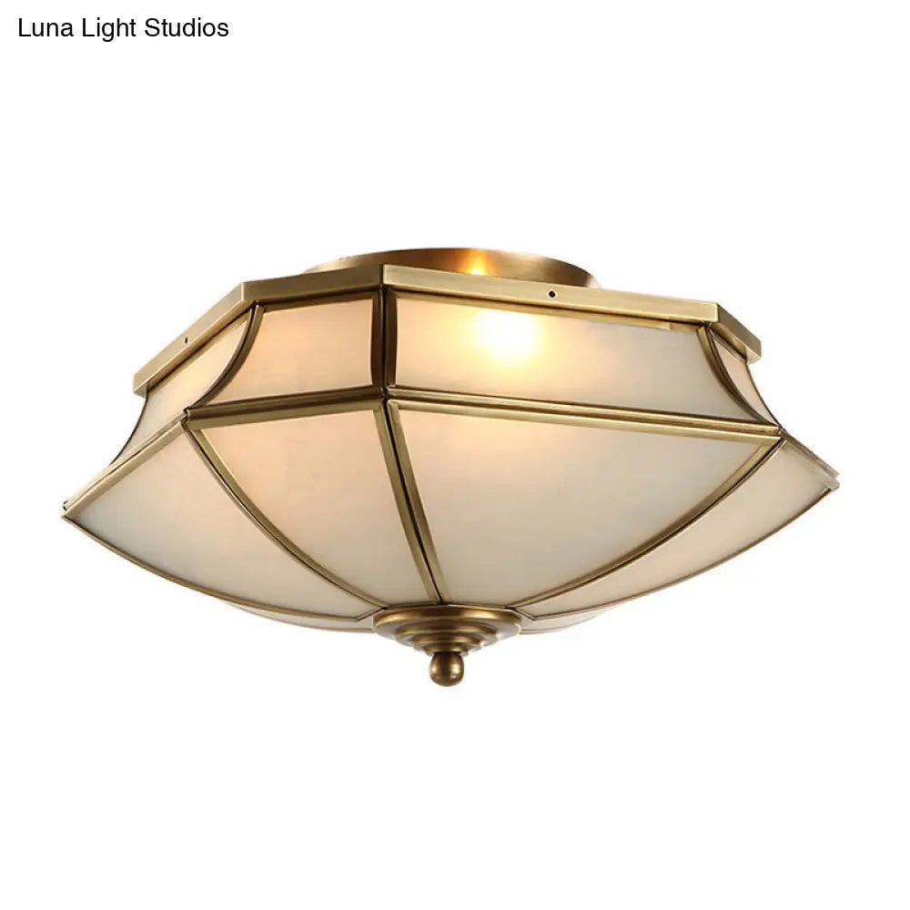 Classic Brass Beveled Ceiling Lamp With Opal Glass Shade - 3-Light Flush Mount