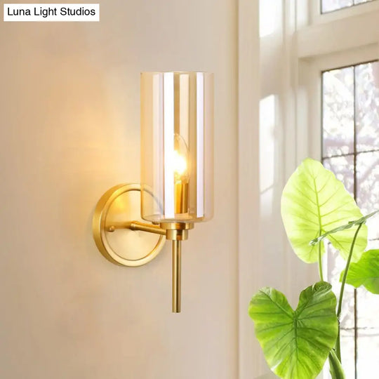 Classic Brass Cylinder Wall Mount Light With Clear Glass - Single Bulb Lighting Fixture