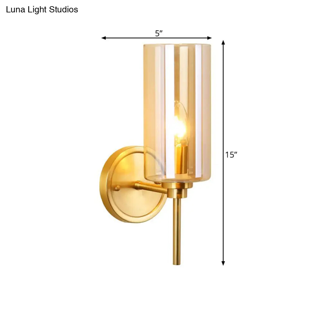 Classic Brass Cylinder Wall Mount Light With Clear Glass - Single Bulb Lighting Fixture