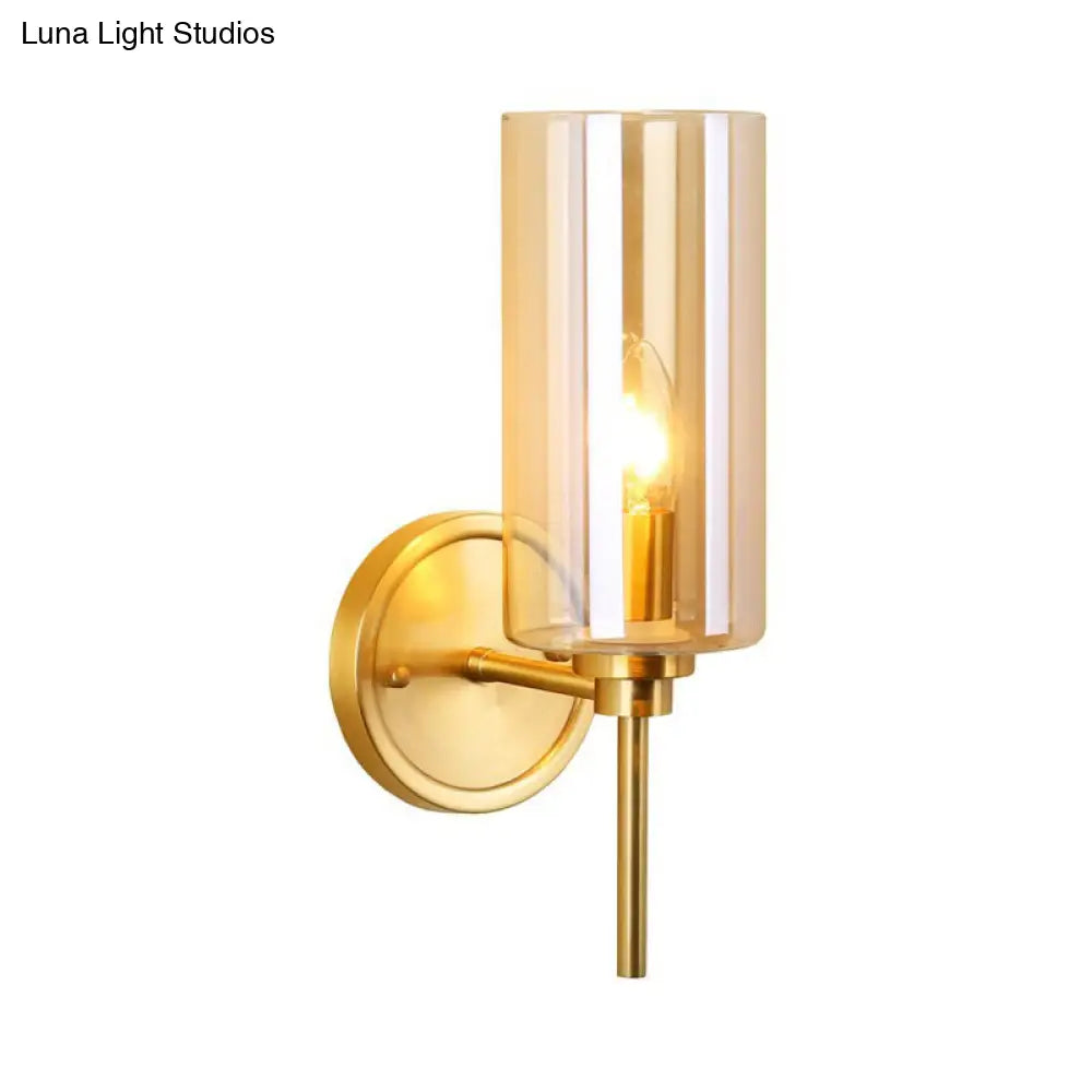 Classic Brass Cylinder Wall Mount Light With Clear Glass - Single Bulb Lighting Fixture