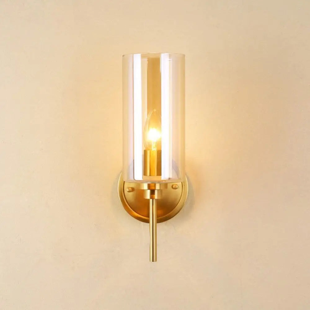 Classic Brass Cylinder Wall Mount Light With Clear Glass - Single Bulb Lighting Fixture