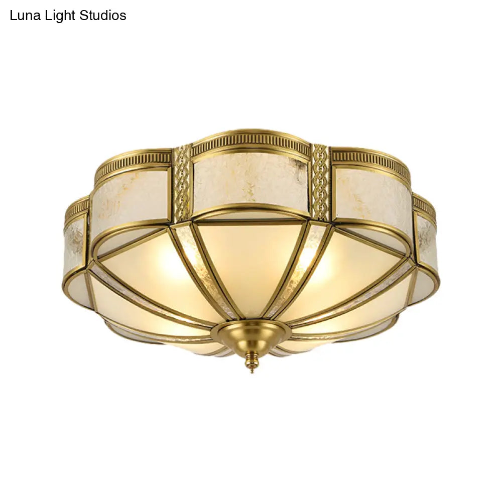 Classic Brass Domed Flush Mount Fixture With Frosted Glass Panel - 3/4/6 Lights For Bedroom