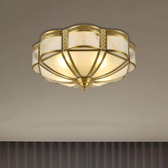 Classic Brass Domed Flush Mount Fixture With Frosted Glass Panel - 3/4/6 Lights For Bedroom 3 /